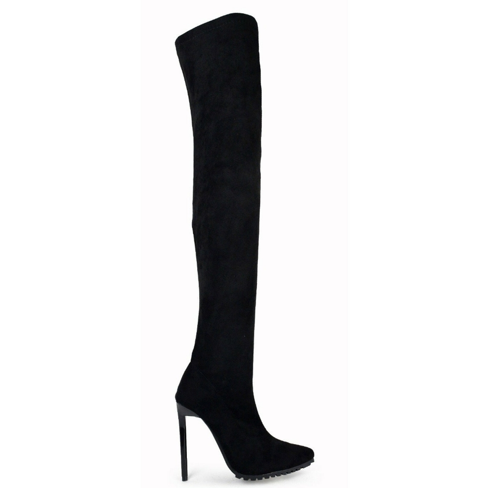 Thigh High Denim over the knee boots. Almond toe, stiletto heel & rubber sole.